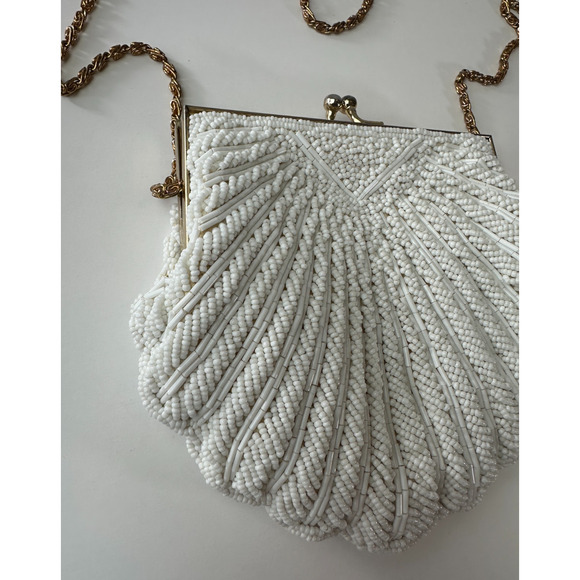 Vintage Walborg Mini Beaded Satin Clamshell Gatsby Purse Gold Color Chain Strap - Picture 4 of 13